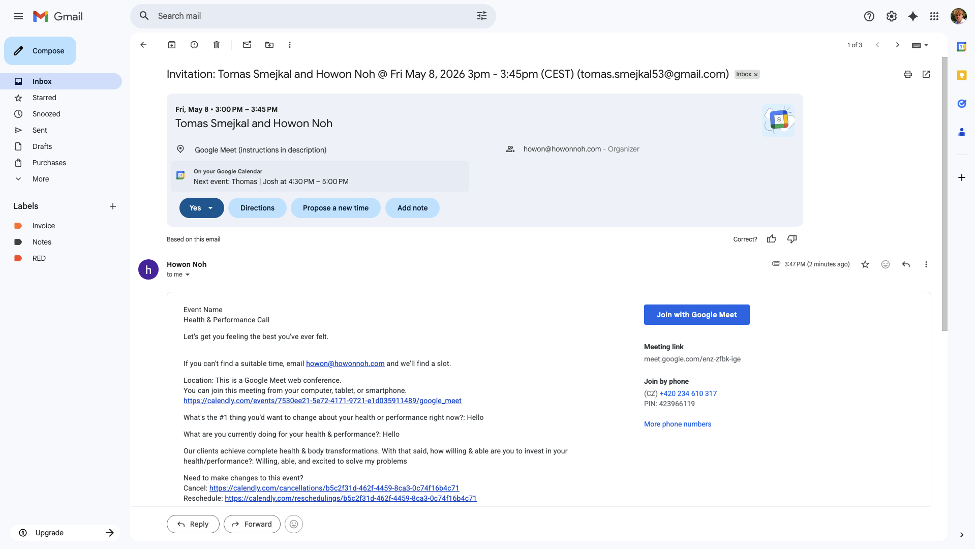 Calendar invite example