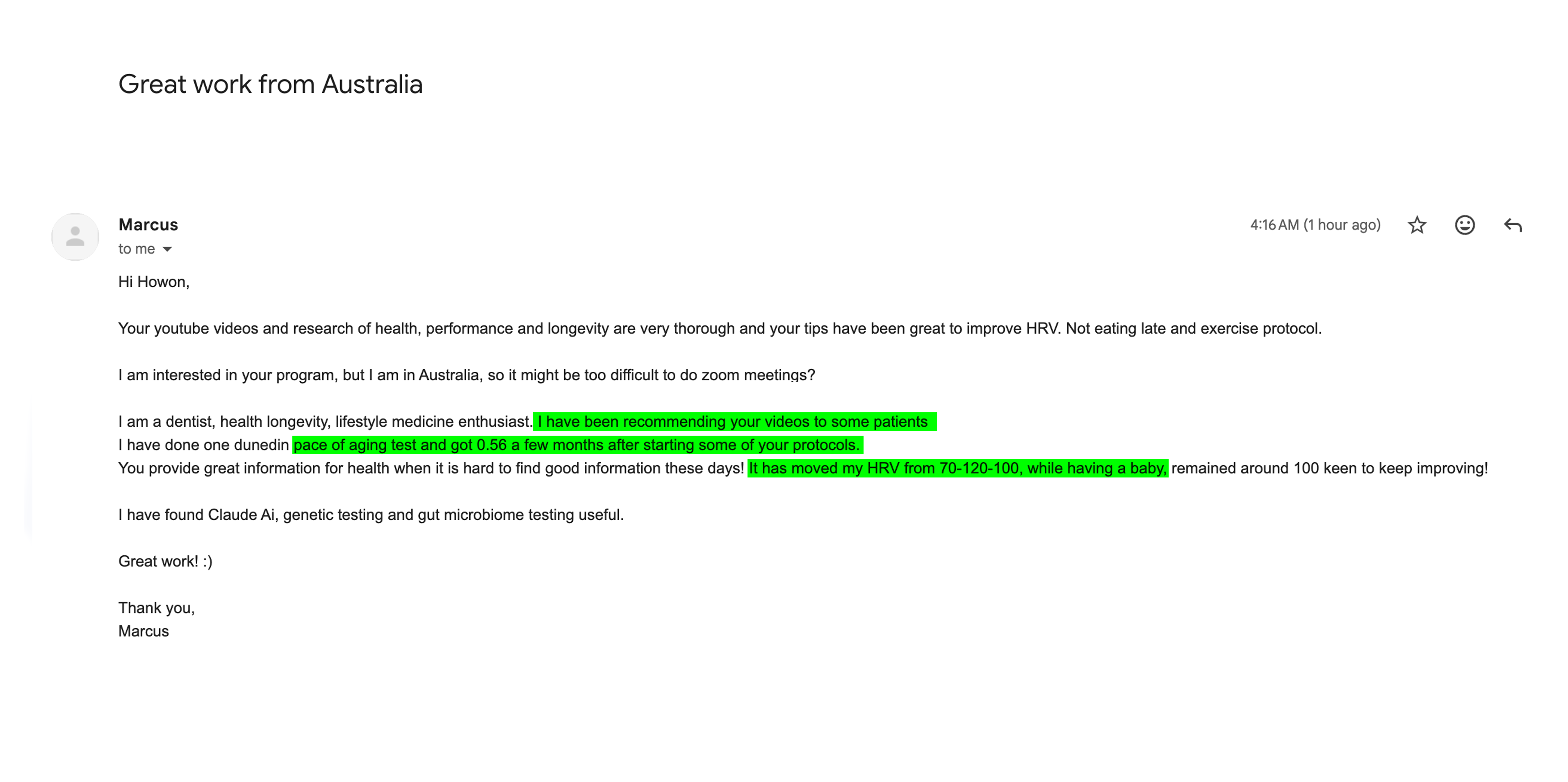 Marcus email testimonial