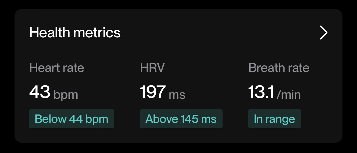Health metrics — Heart rate 43 bpm, HRV 197 ms, Breath rate 13.1/min