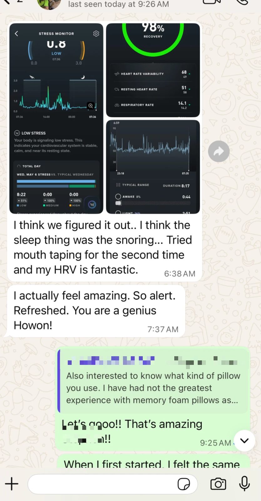 Client chat: sleep fixed, HRV up