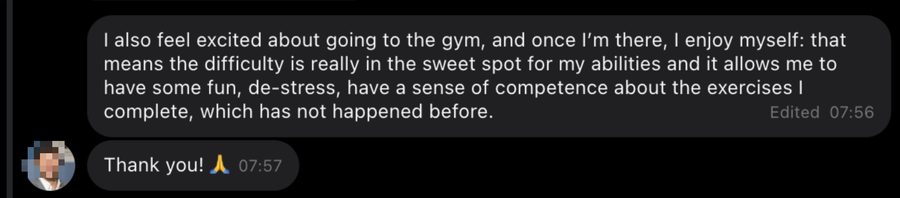 Client message: excited about the gym