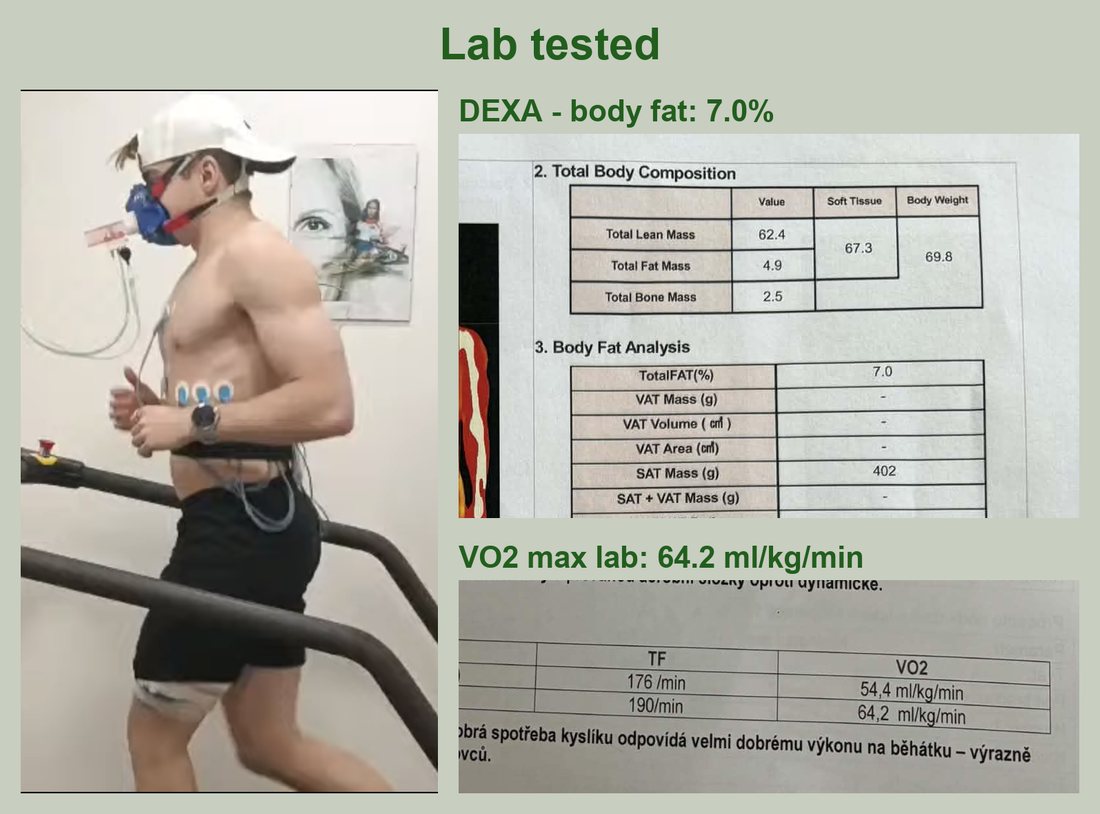 Thomas: lab tested, DEXA body fat 7 percent, VO2 max 64.2