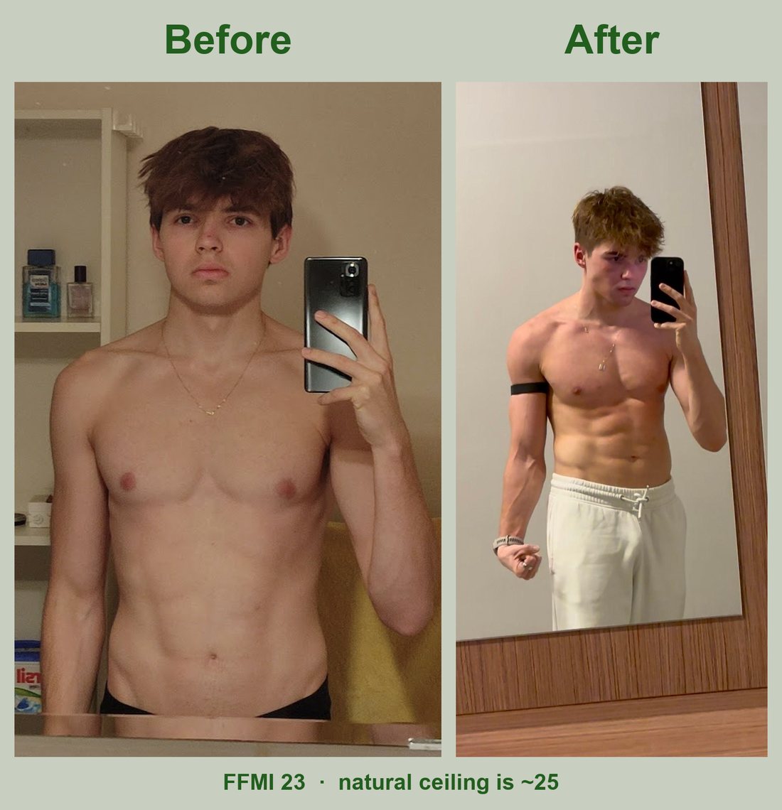 Thomas: physique before and after, FFMI 23